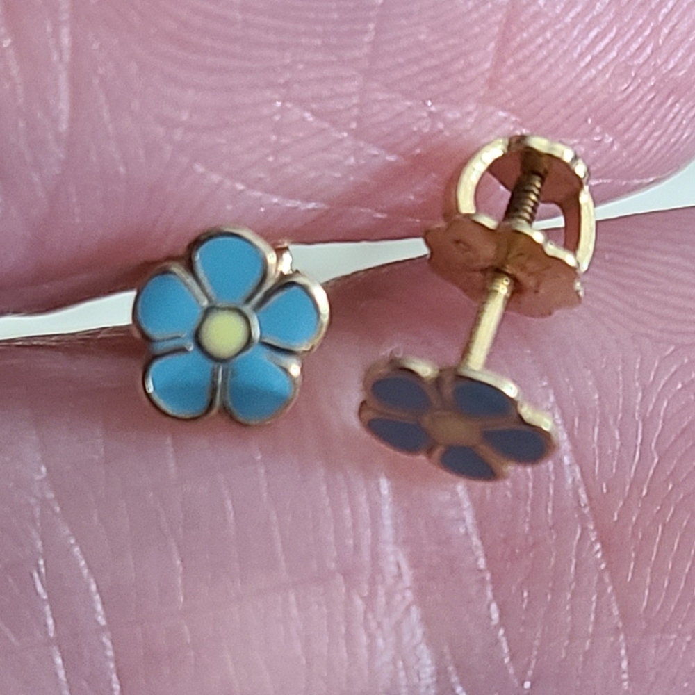 14k flower stud earrings girls child adult enamel blue yellow gold screwbacks